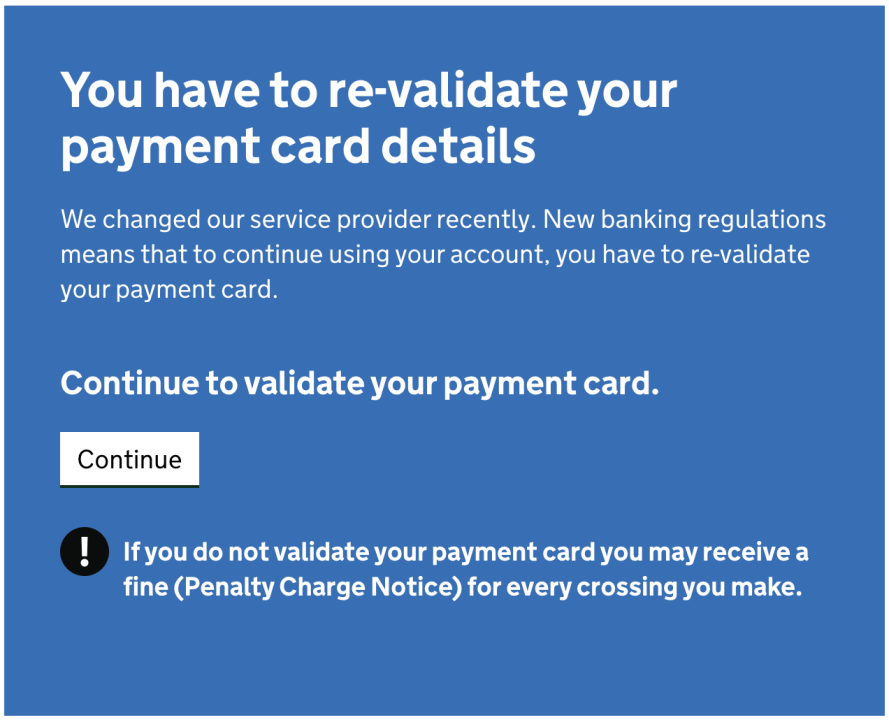 Screenshot from the website saying "You have to re-validate your payment card details." with a button to do so.