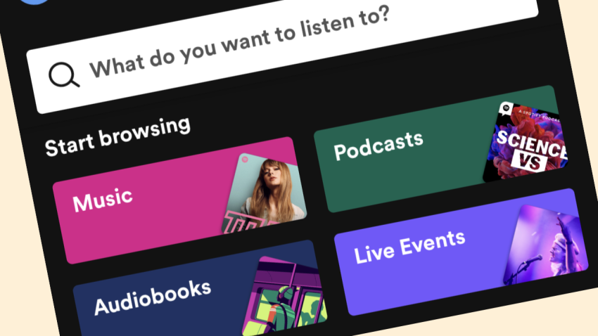Screenshot of the Spotify app showing Music, Podcasts, Audiobooks and Live Events