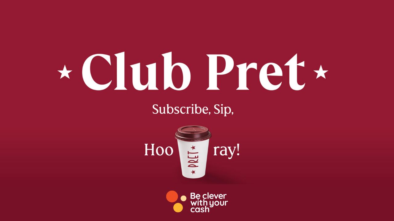 Text saying "Club Pret" with a cup of coffee