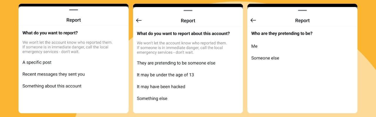 The options you get when you try and report an account on Instagram