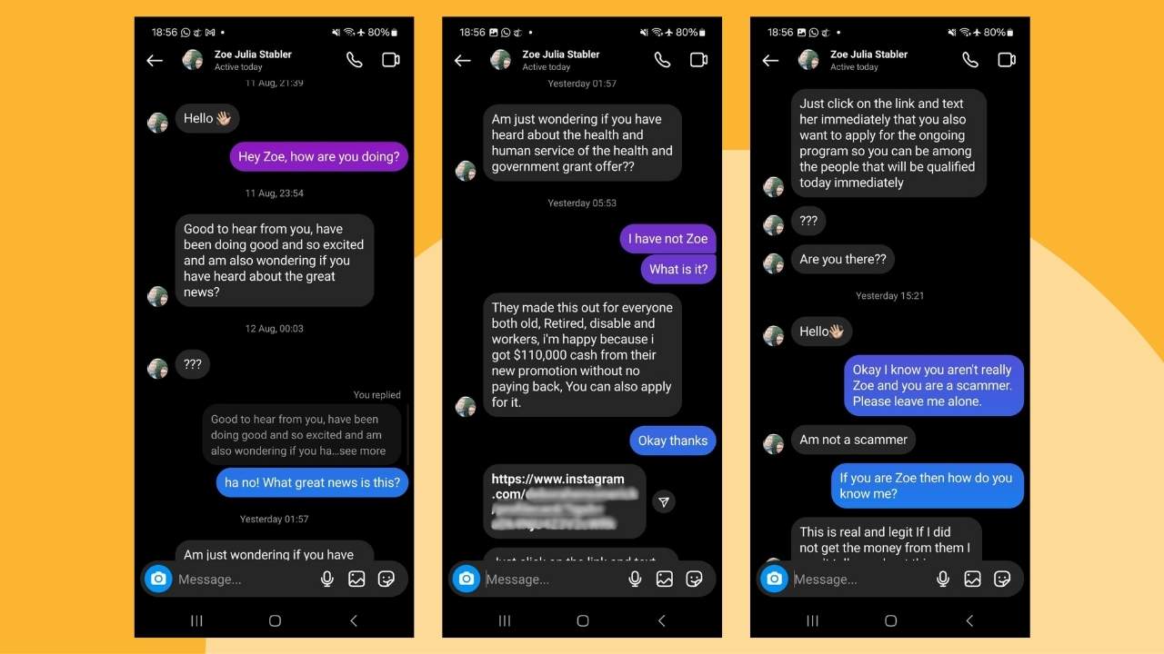 a conversation with a scammer on Instagram using my name and photo where they try and get the victim to message another account asking for a grant worth £100,000