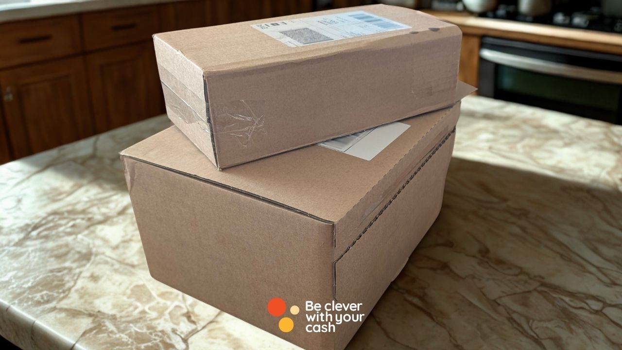 two boxes on a countertop